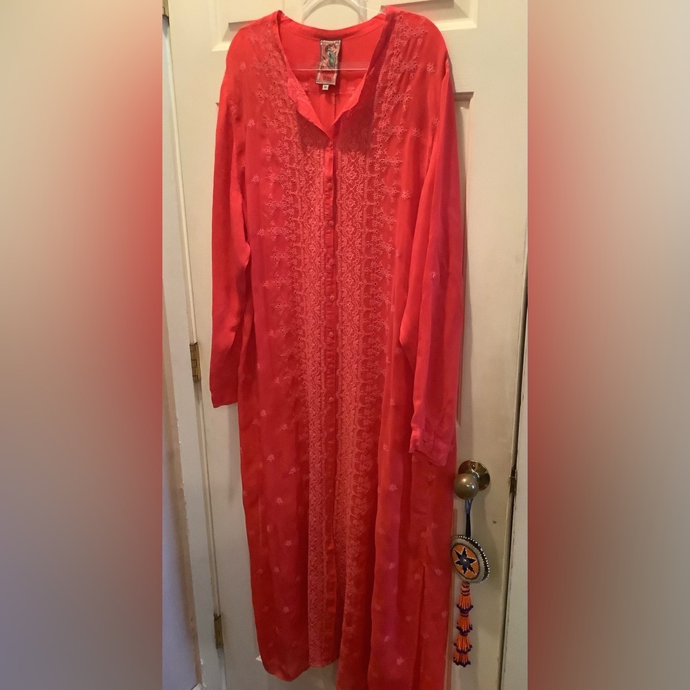 Johnny Was Coral Eyelet Shirt Dress with Long Sleeves, Size 3X, Vintage.